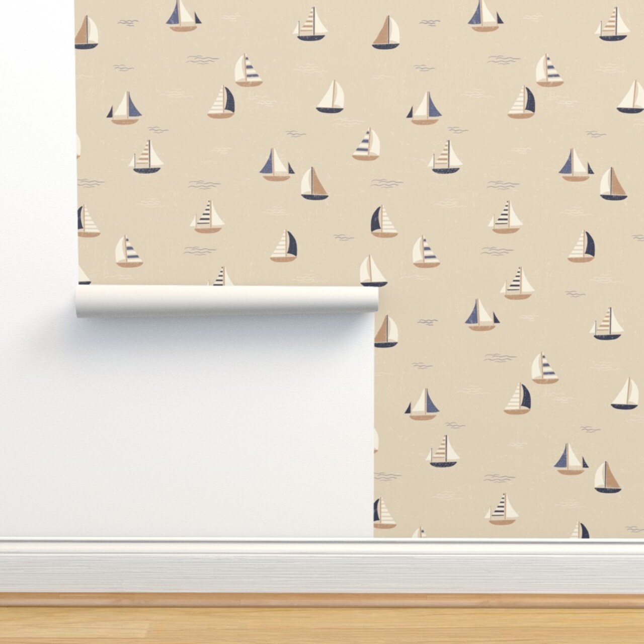 Beige Boats Nautical Sailing Gender Neutral Coastal Seaside Country Style Cottagecore Chic Beach Large Scale Custom Pre-pasted Wallpaper by Spoonflower Pre-Pasted Wallpaper 2FT Wide